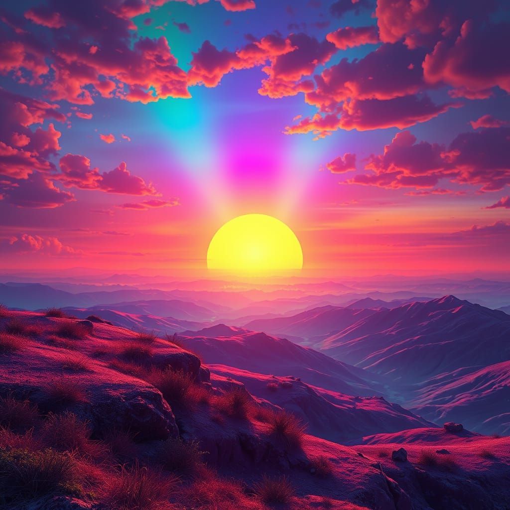 Vibrant Fantasy Sunset with Iridescent Glow