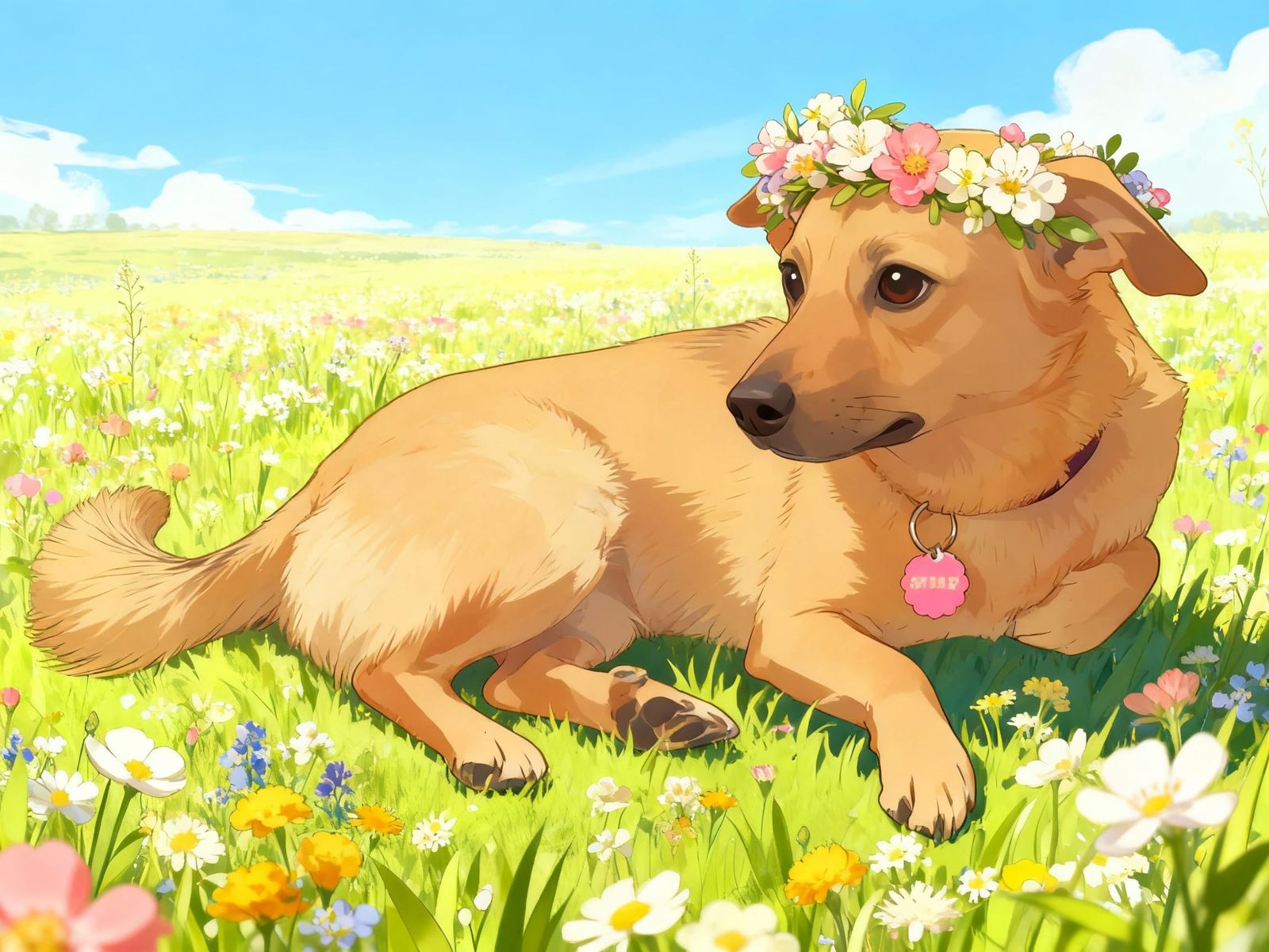 Cute Dog with Flower Crown in Blooming Meadow