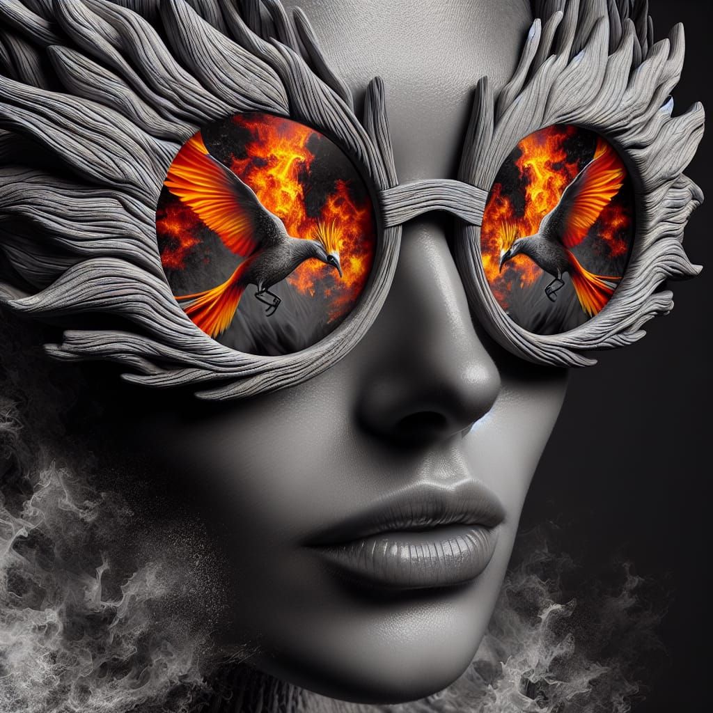 Woman's Mystical Face in Monochrome with Orange Bird Lenses