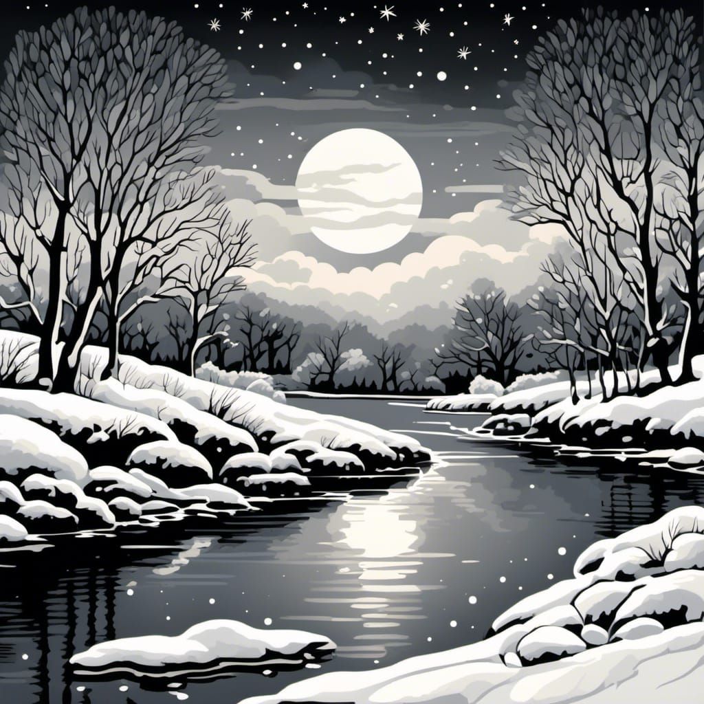 Moonlit Winter Riverscape in Coloring Book Style