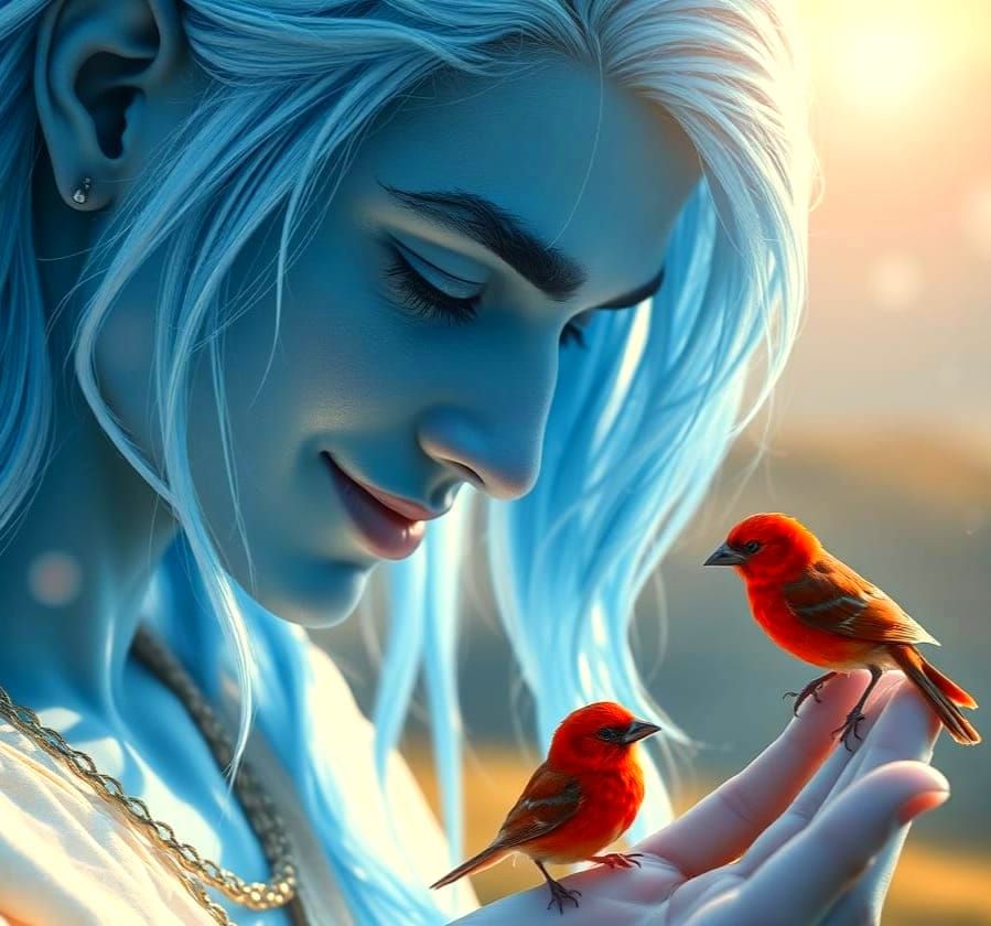 Ethereal Blue Skinned Youth Smiles at Bird in Spring
