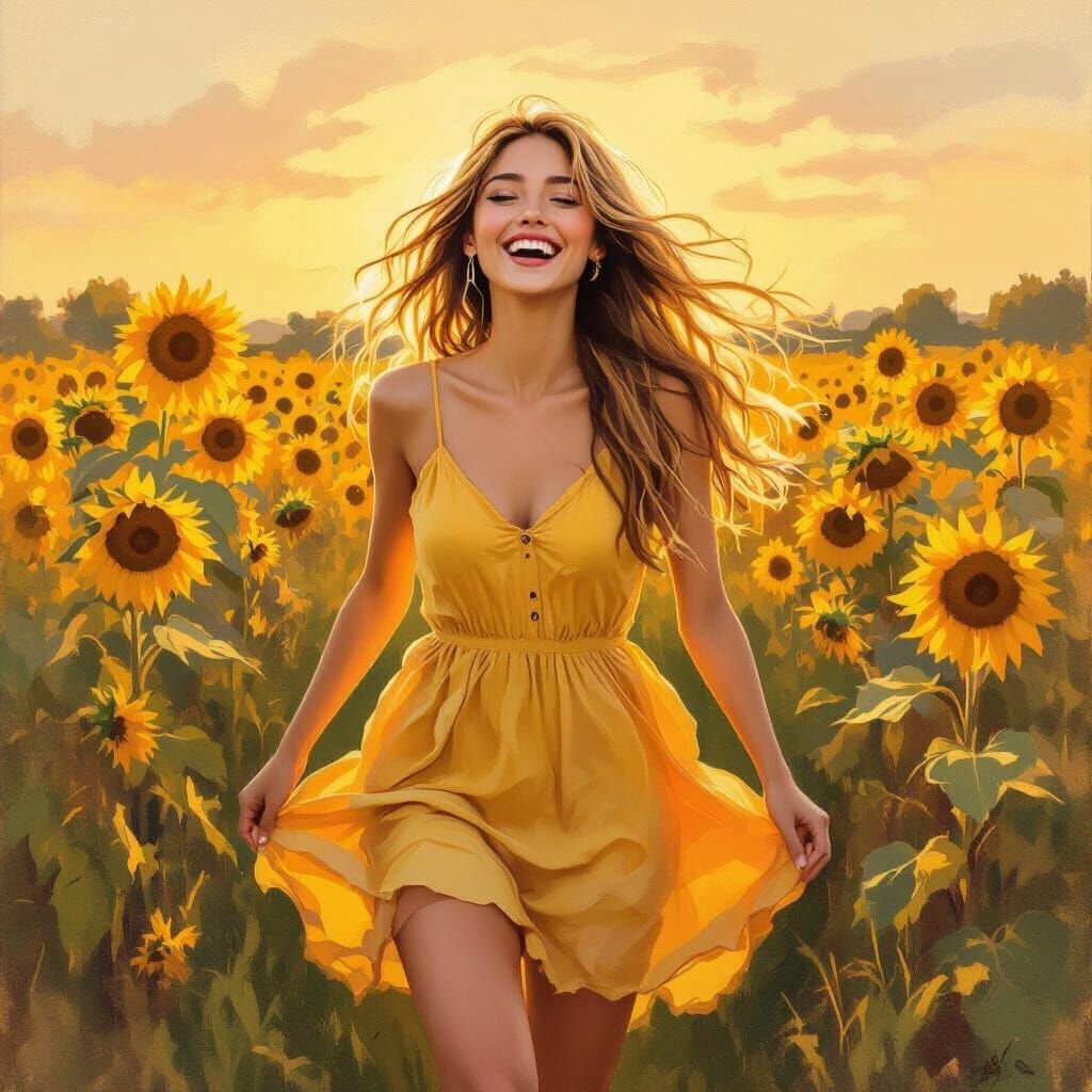Woman in Sunflower Field: Impressionist Oil Painting
