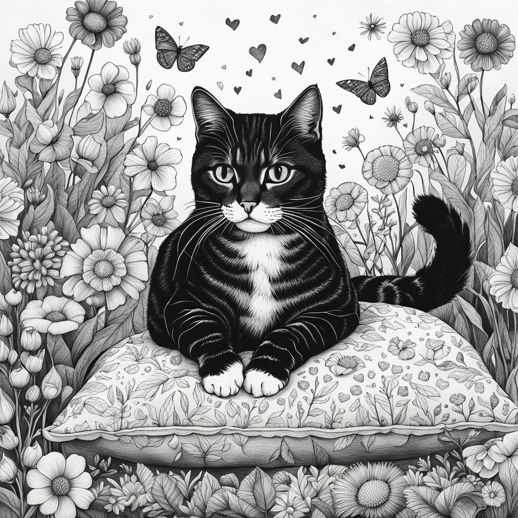 Detailed Ink Drawing: Cat Surrounded by Flowers