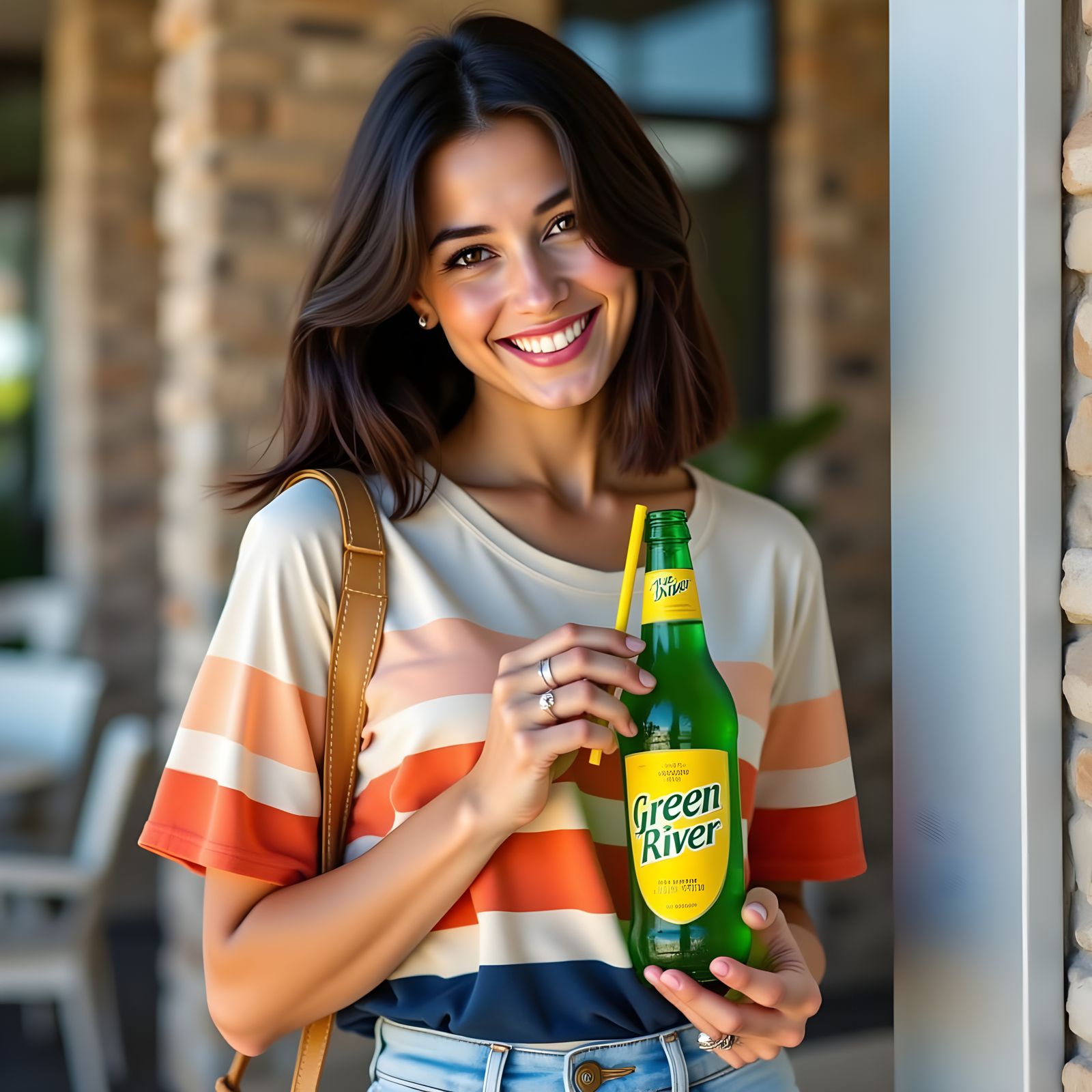 Woman Posing Outdoors with Green River Soda