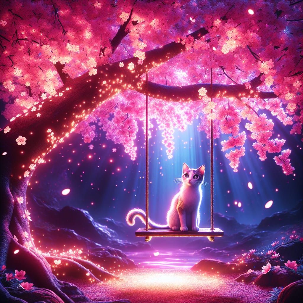 Enchanting Cat Swings Under Radiant Sakura Tree in Magical N...