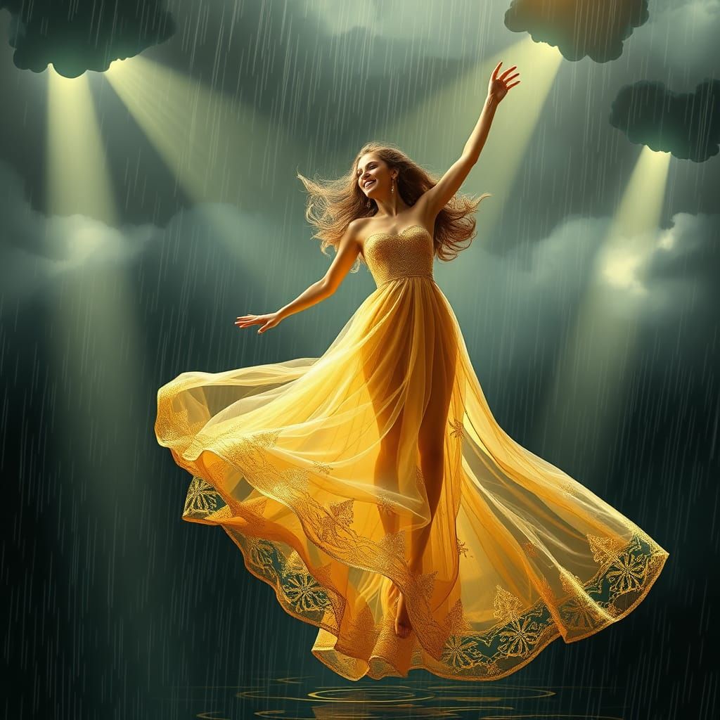 Ethereal Gold Dancer in Whimsical Rain Scene