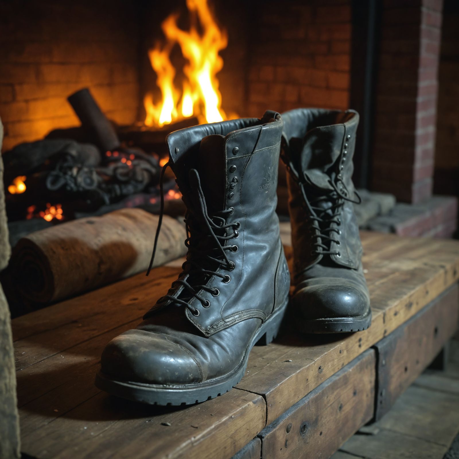 Worn Army Boots on Hearth by Fireplace