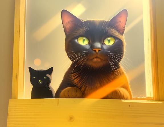 Smiling Black Cat on Windowsill: Hyper-Realistic Digital Art