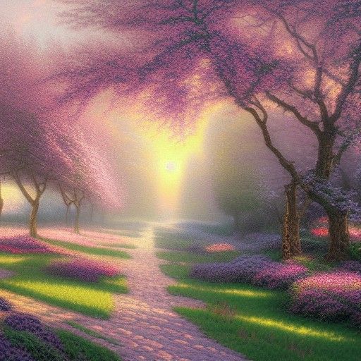 Ethereal Cherry Tree Orchard in Kinkade Style