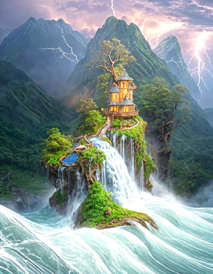 Beautiful House on Hill, Halfway Up Mountain, Facing Waterfall From Spring Thaw of Melting Snow & Glacier Ice ❄️