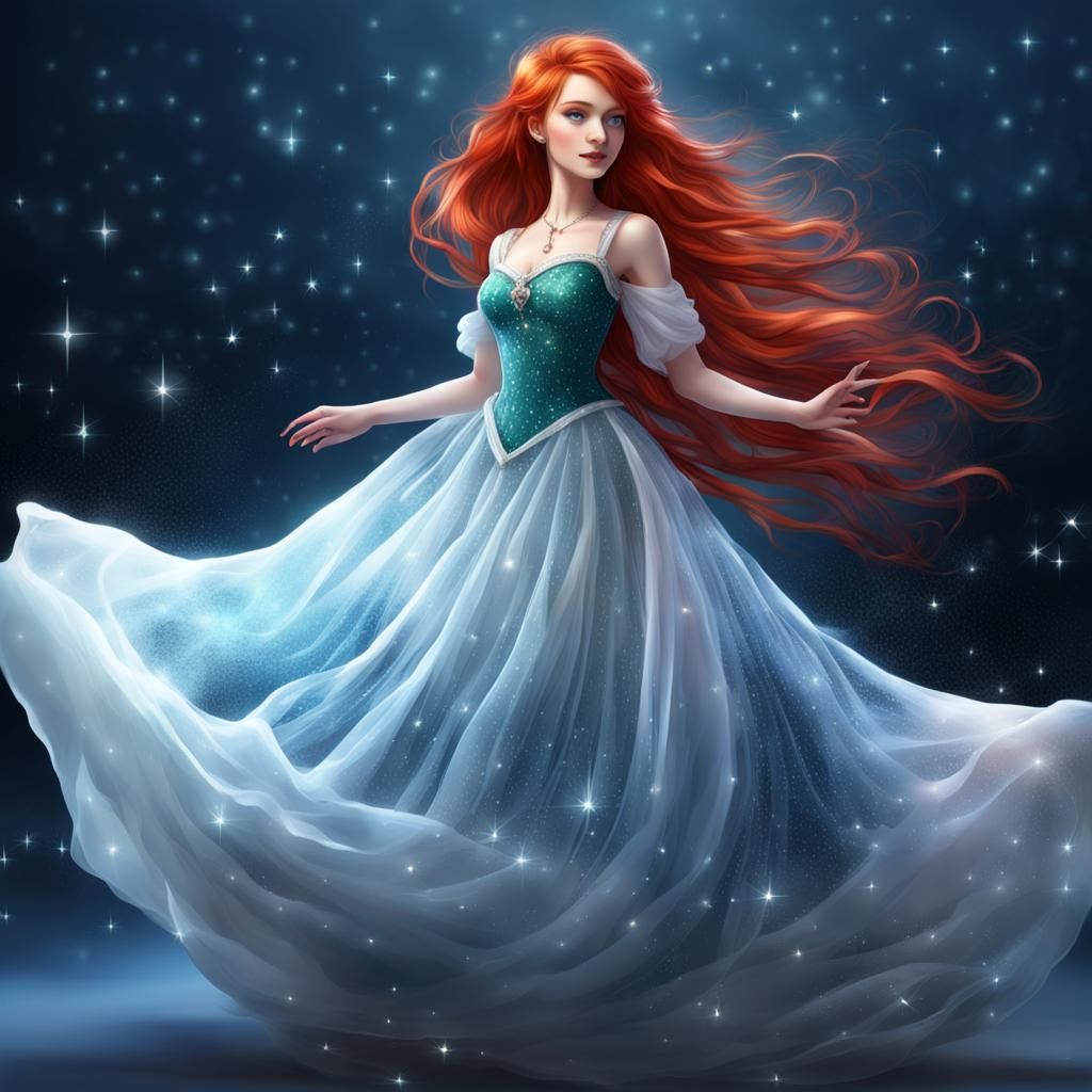 Ethereal Red-Haired Princess in a Starry Water Dress