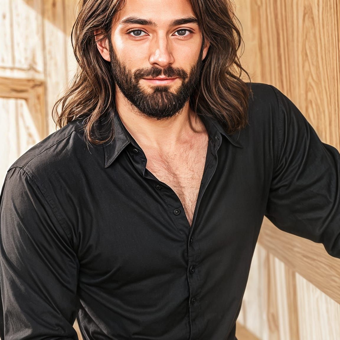 Gentle Green Eyes on Man with Long Brown Hair and Black Silk...