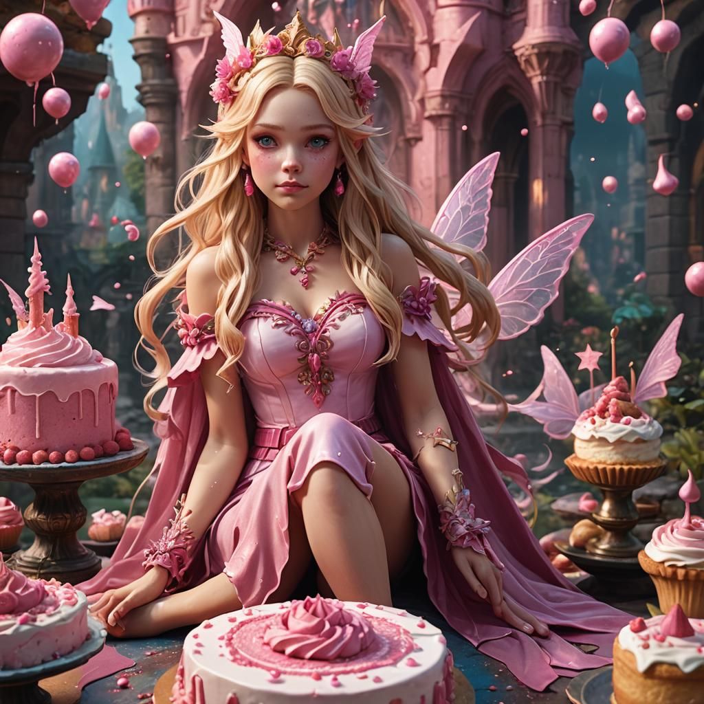 Pink Cake Fairy with Long Blonde Hair
