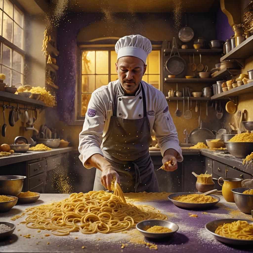 Whimsical Pasta Kitchen in Fantasy Oil Painting Style