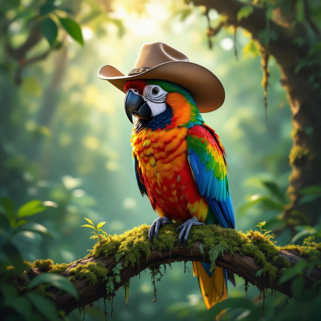 Parrot in Cowboy Hat in Forest, Realistic Digital Painting