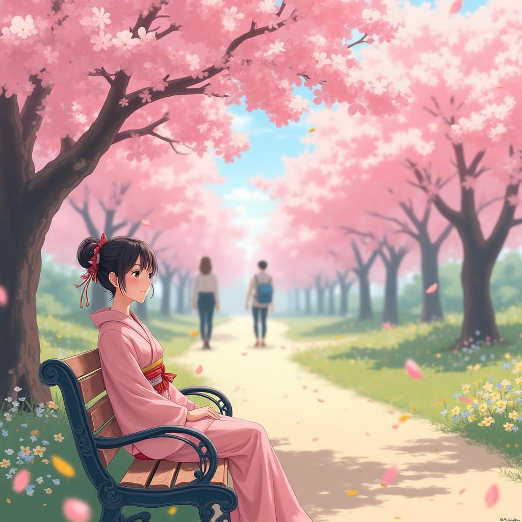 Surreal Japanese Spring Scene with Serene Woman