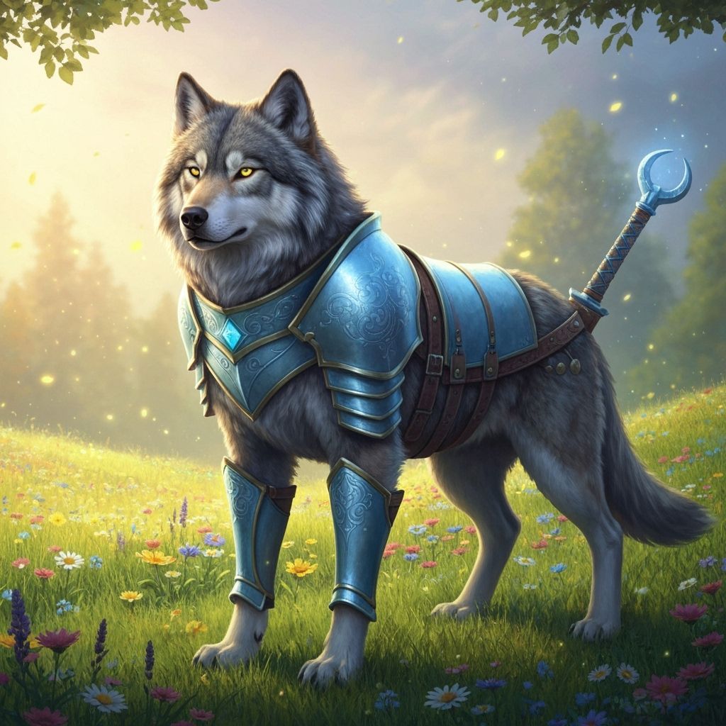 Armored Wolf with Flaming Sword in Fantasy Meadow
