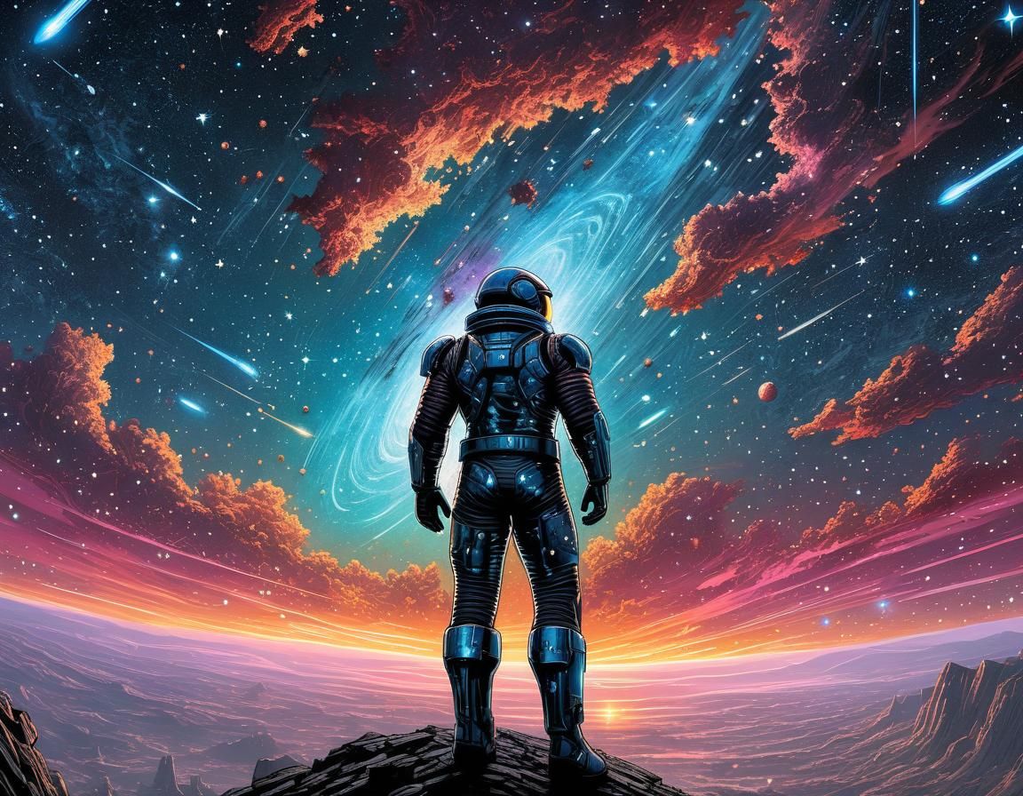 Fantasy Hero in Starry Sky, Comic Book Art