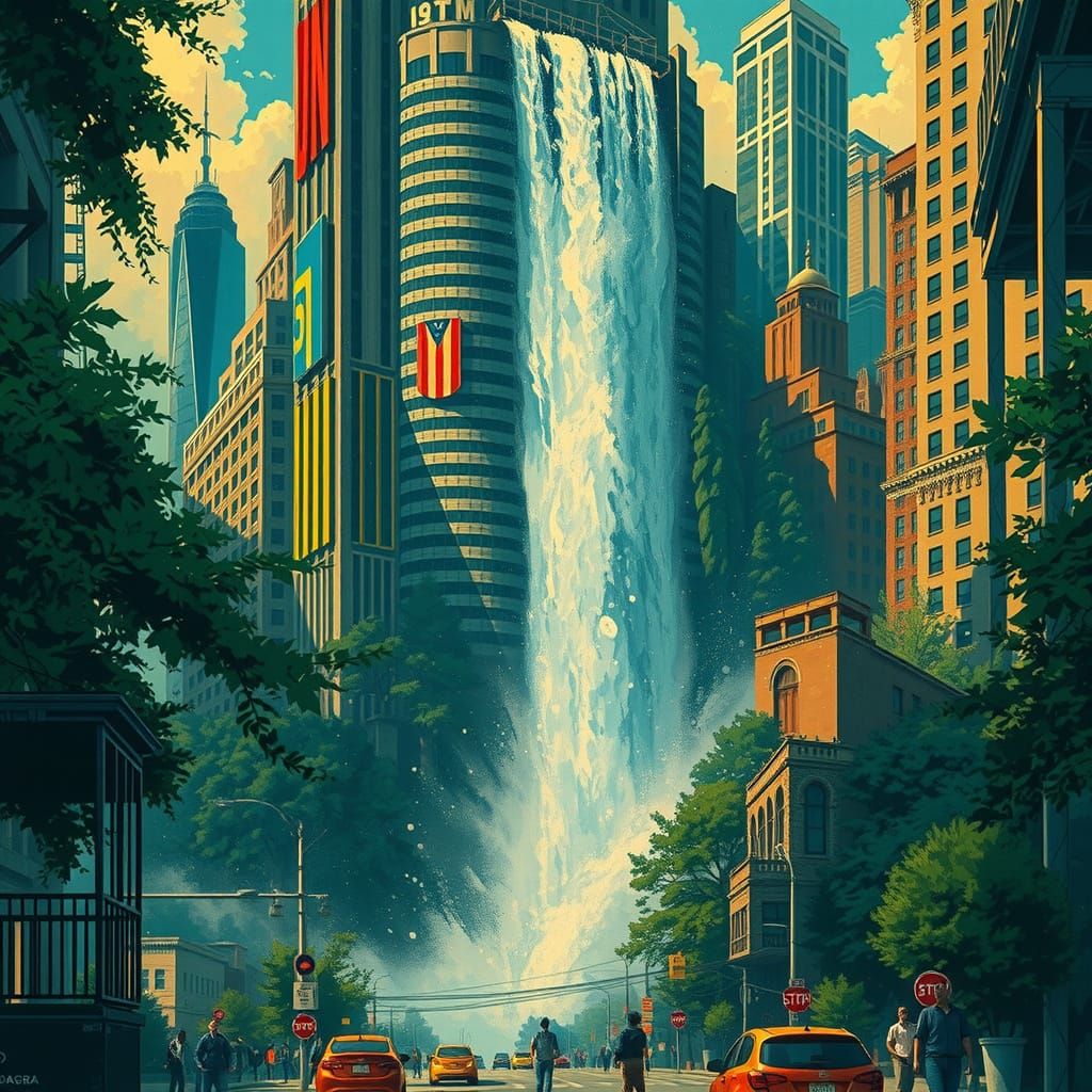 Waterfall Over Futuristic City, in a Syd Mead Style