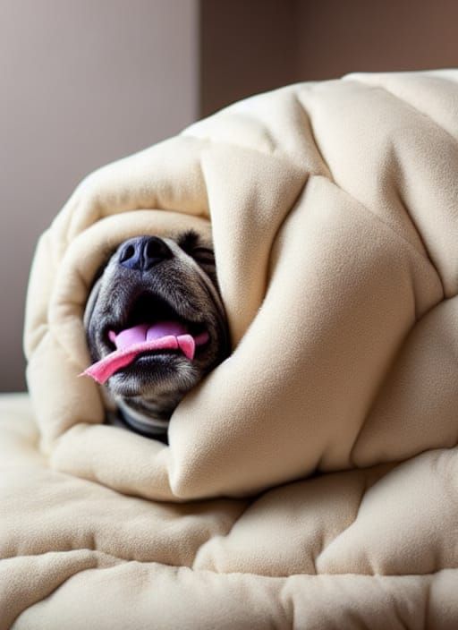 Sleepy Puppy Yawning on Quilted Bed