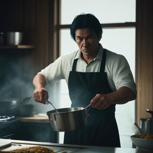 Cinematic Film Still: Cook Preparing Porridge