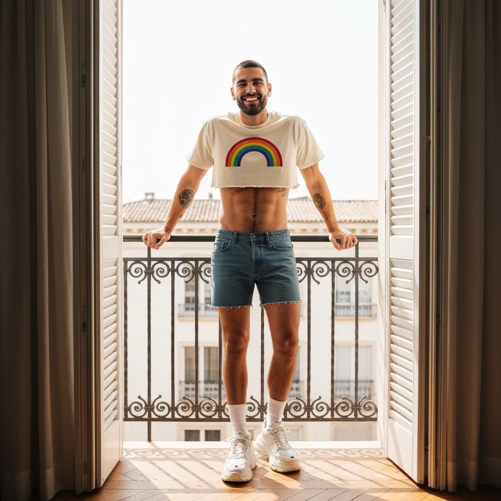 Man on Sunlit Terrace with Rainbow Shirt