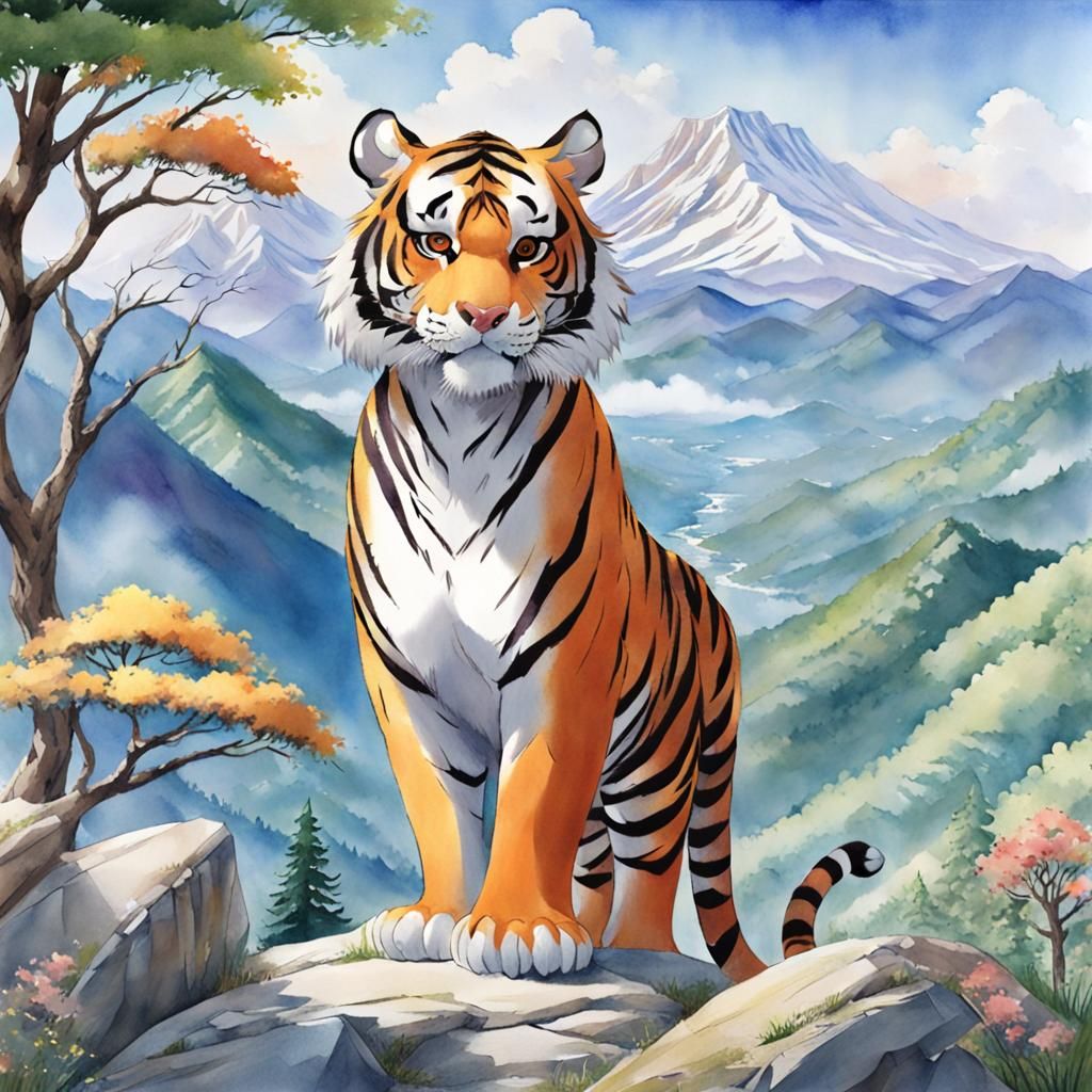 Cute Anime Tiger in Mountain Landscape