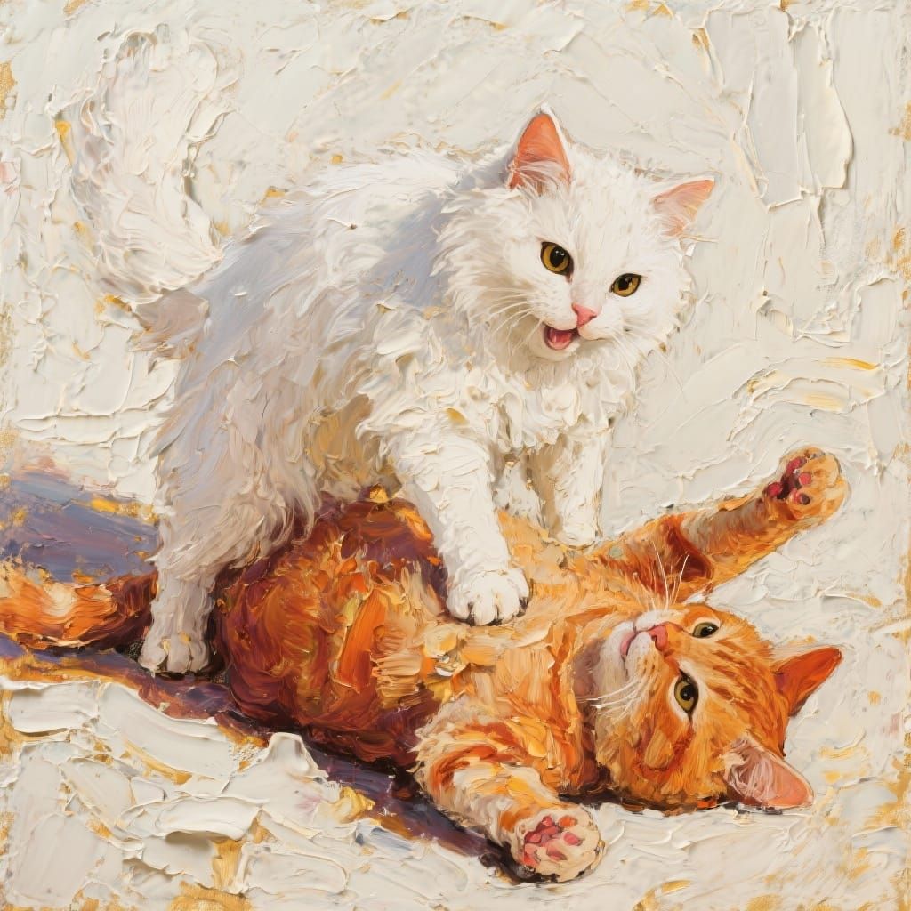 Playful Cats in Impasto Oil Painting