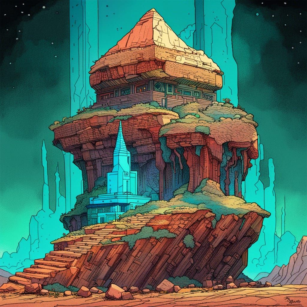 Teal Crystals and Desert Temple, Moebius Style