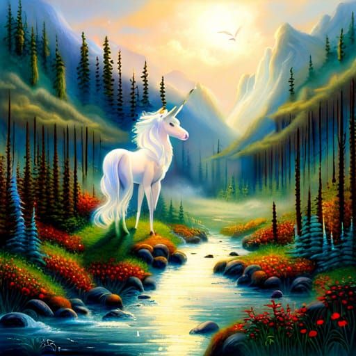 Majestic Last Unicorn in Ethereal Fantasy Landscape