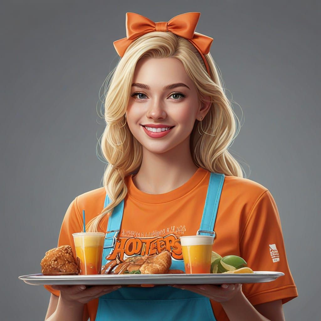 Hooters Employee Poses with Tray in Vibrant Oil Painting Sty...