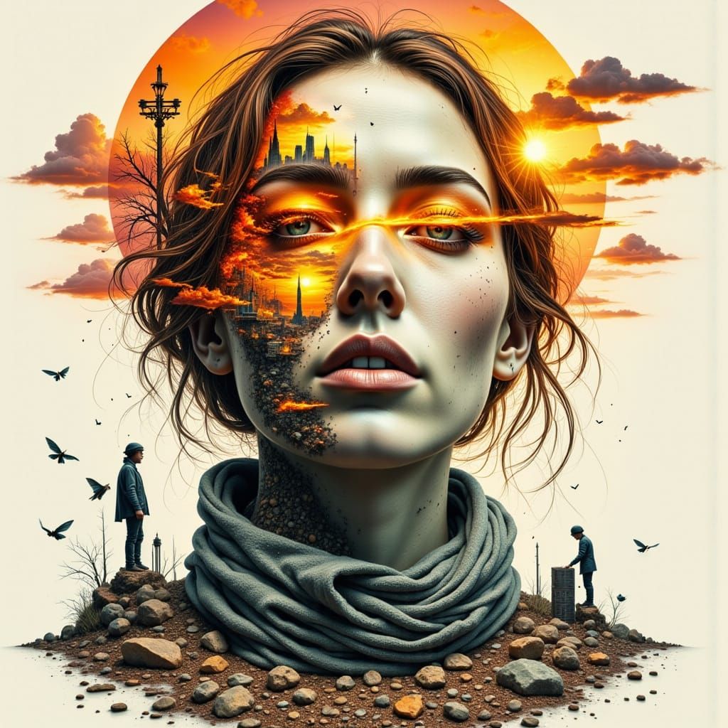 Woman Rebuilding Herself in Surreal Double Exposure