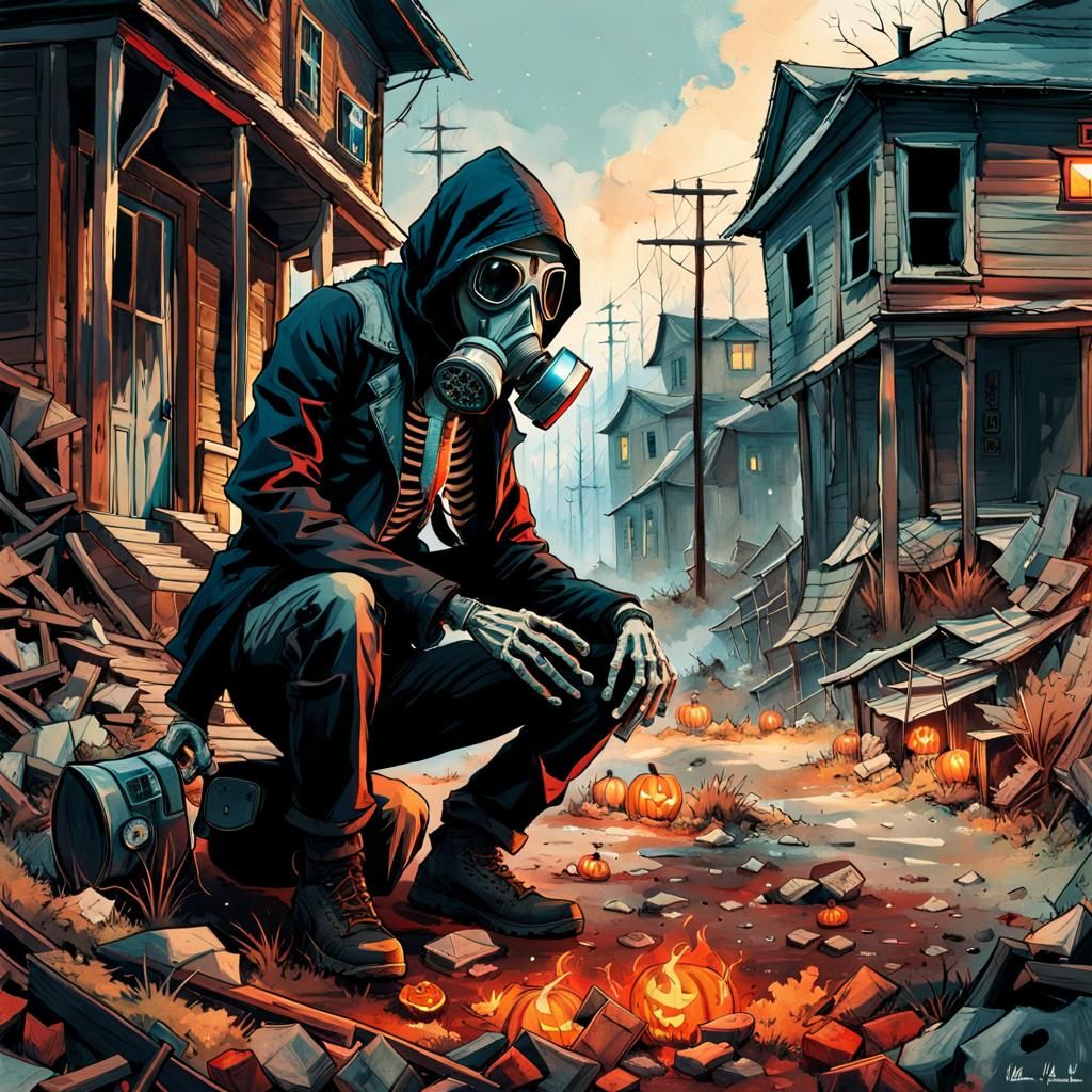 Post-Apocalyptic Skeleton in Decayed Ghosttown, Watercolor