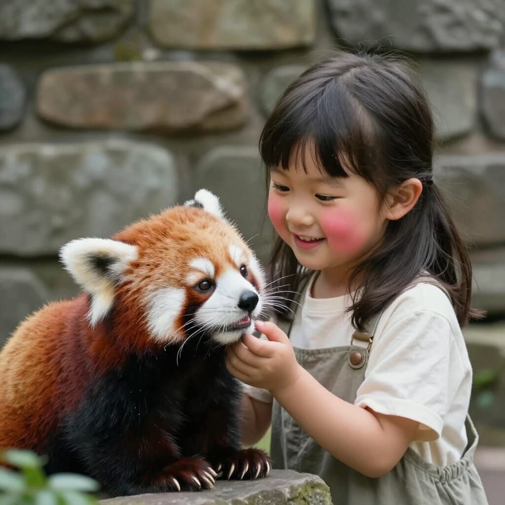 Girl and Red Panda by Ancient Stone Wall