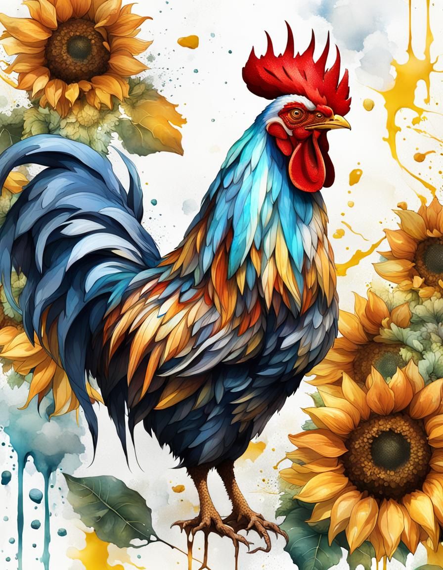 Shabby Chic Rooster with Sunflowers Painting