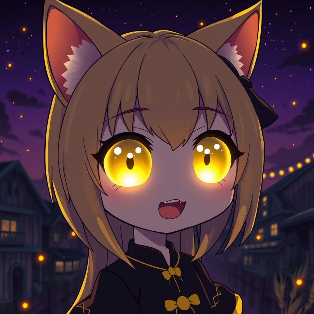 Chibi Anime Catgirl in Neon Retrowave Style