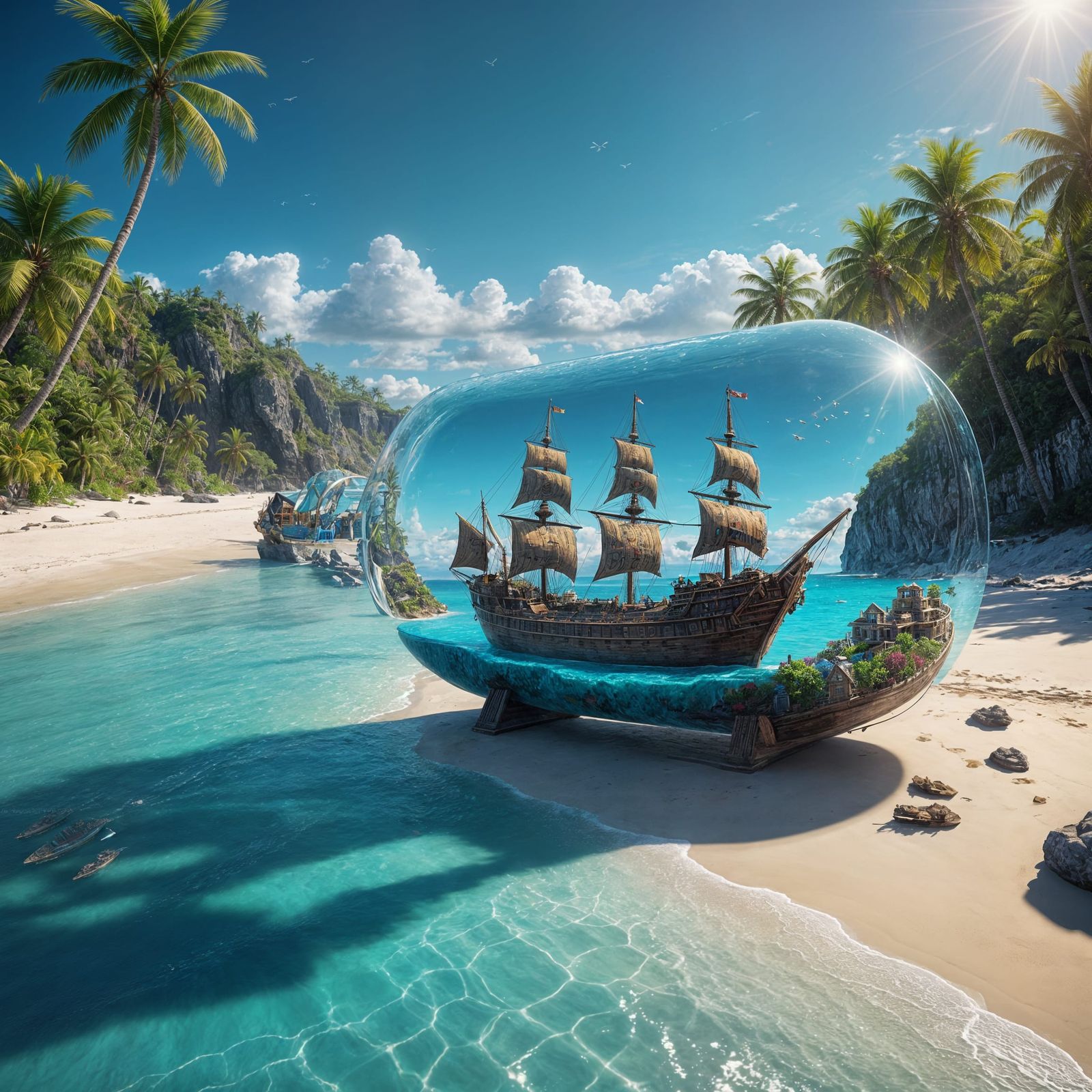 Ship in a Bottle on Tropical Beach, Hyperrealistic Art