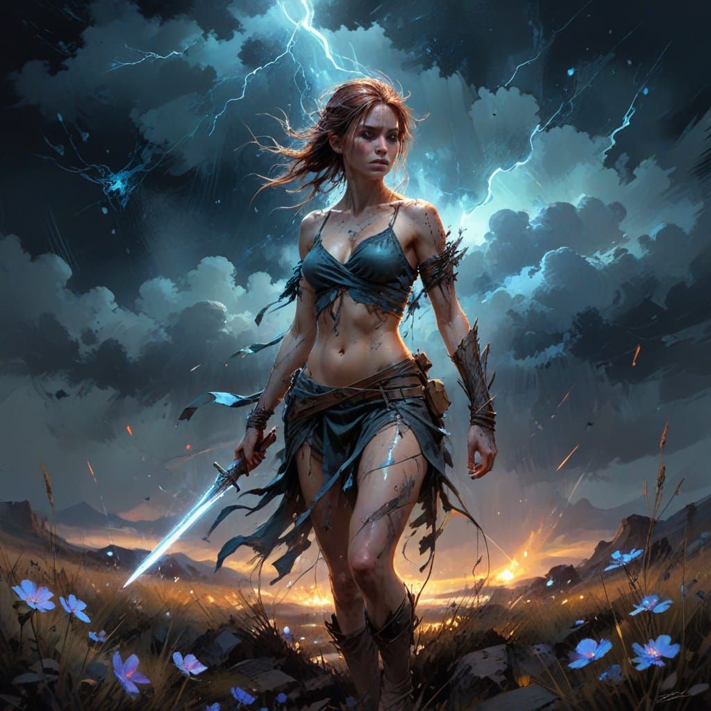 Lone Warrior on Desolate Battlefield Under Stormy Sky