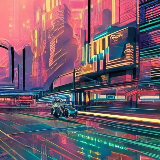 Synthwave Cityscape with Neon Lights and Ink Splashes