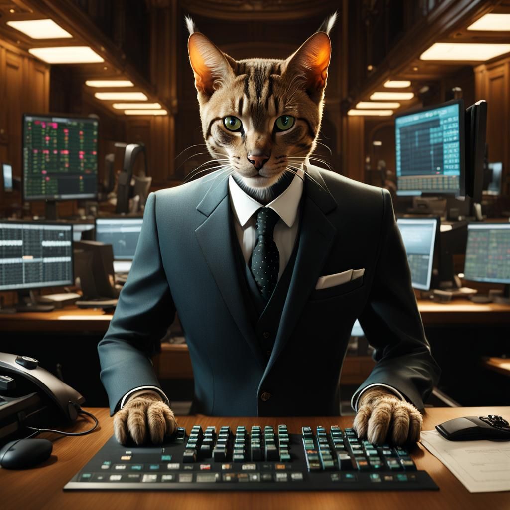 Savannah Cat Stock Trader in Business Suit