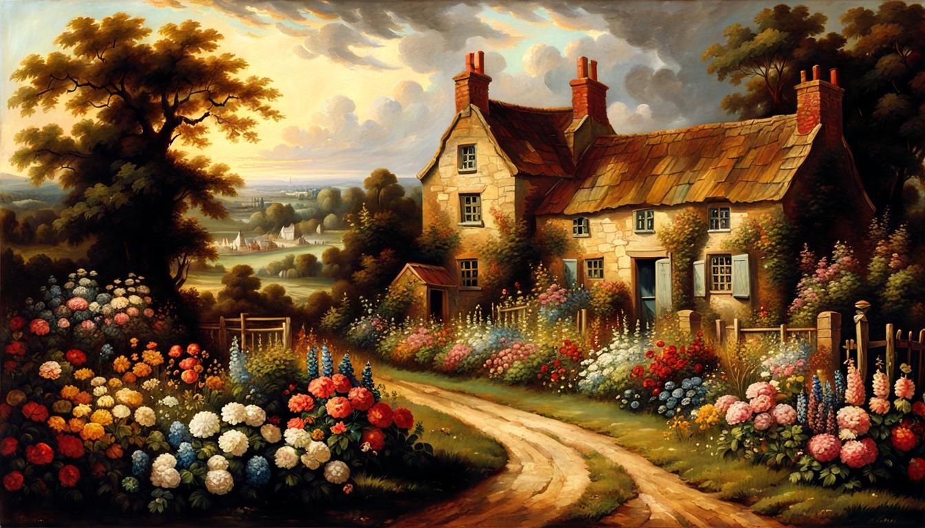 English Flower Garden in Impasto Oil Painting Style