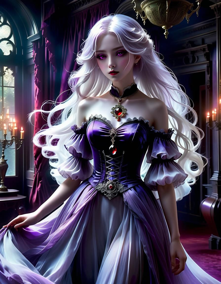 Ethereal Anime Woman in Dark Mansion