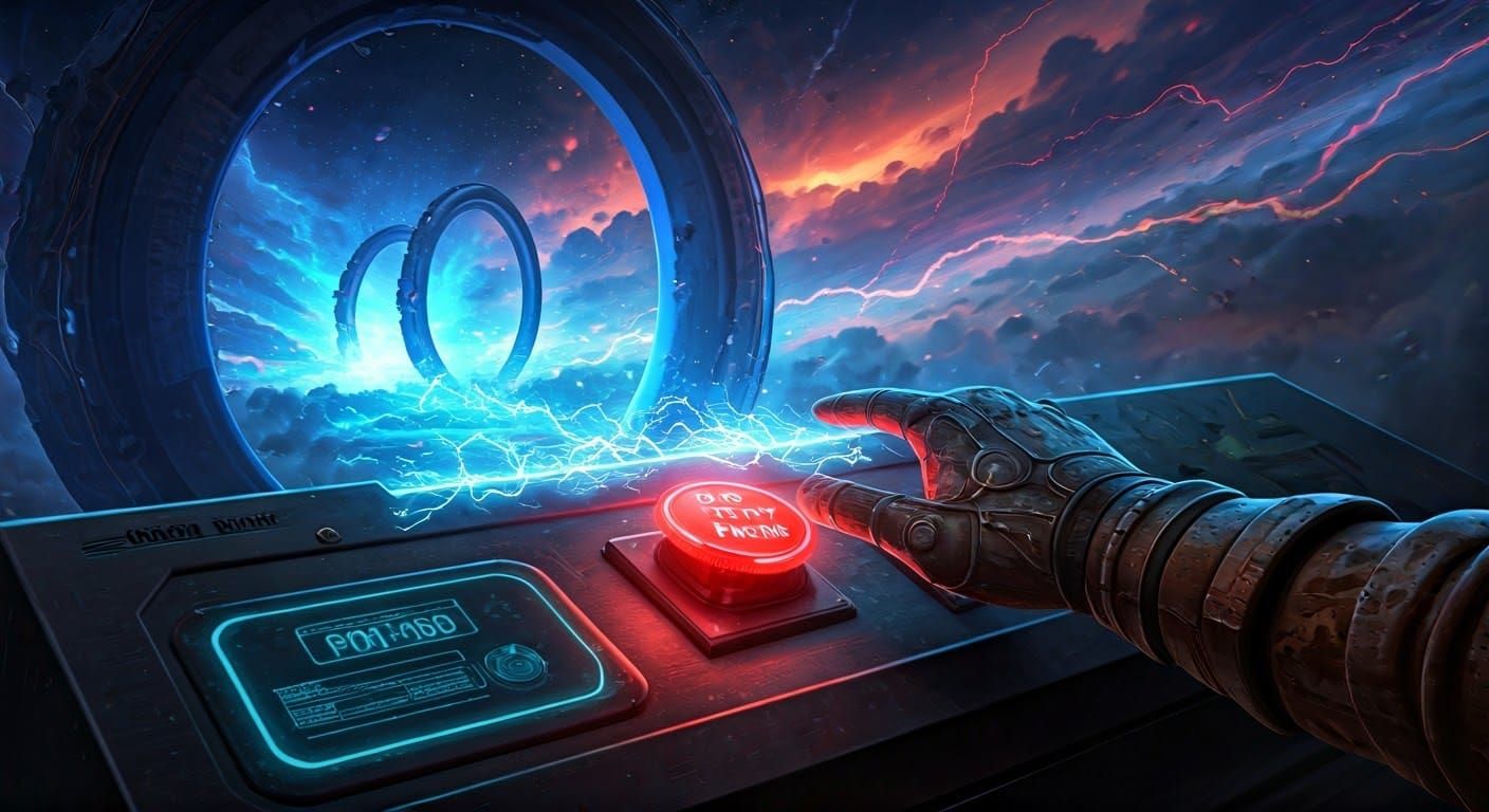 Futuristic Control Panel with Mysterious Red Button in Cyber...