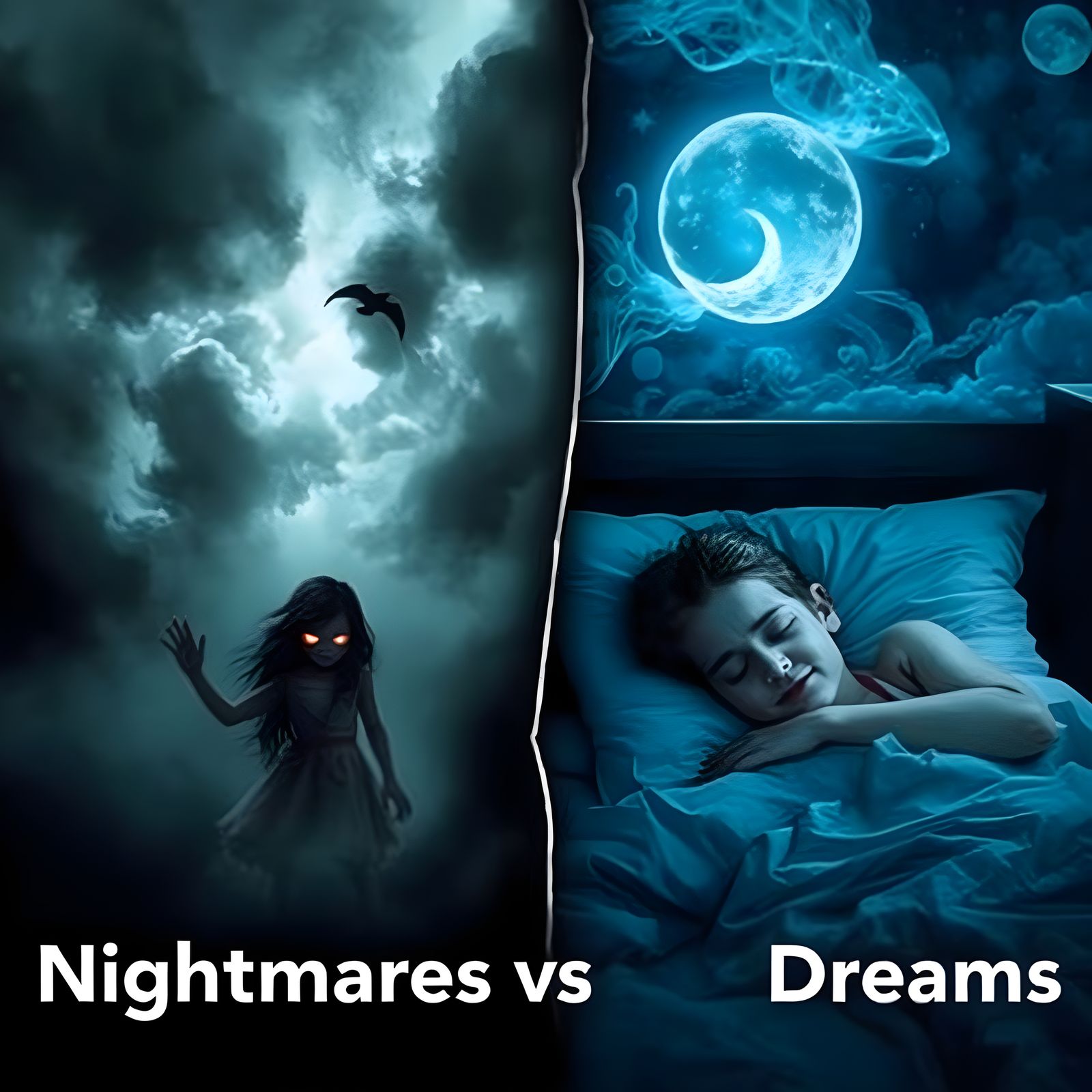 Nightmares Versus Dreams, split image, haunted girl versus peaceful sleeper