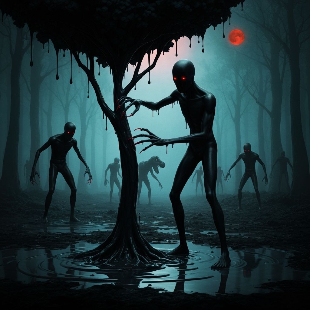 Horror Scene: Inky Humanoid and Tyrannosaurus Rex Under Bloo...