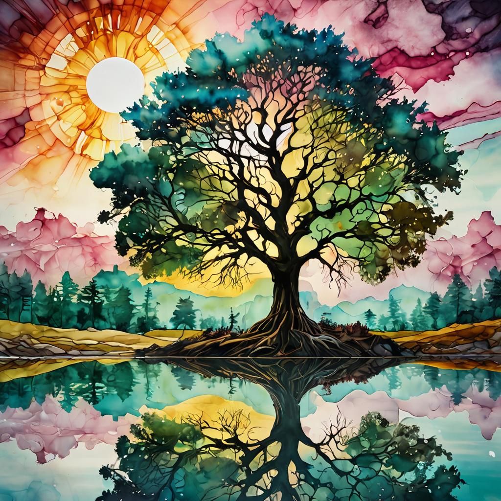 Surreal Tree Reflected in Lake: Alcohol Ink Art