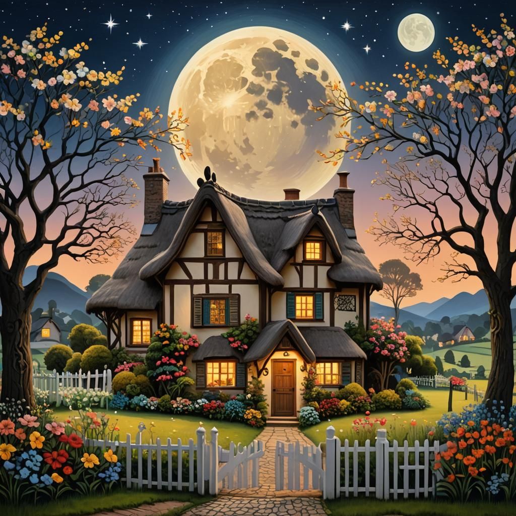 Charming Folk Art: Starry Night Cottage