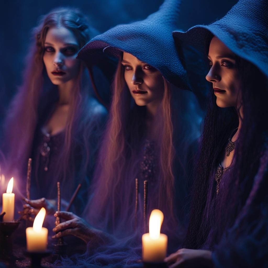 Witches Invoke Spirits at Night in Pointillism Style