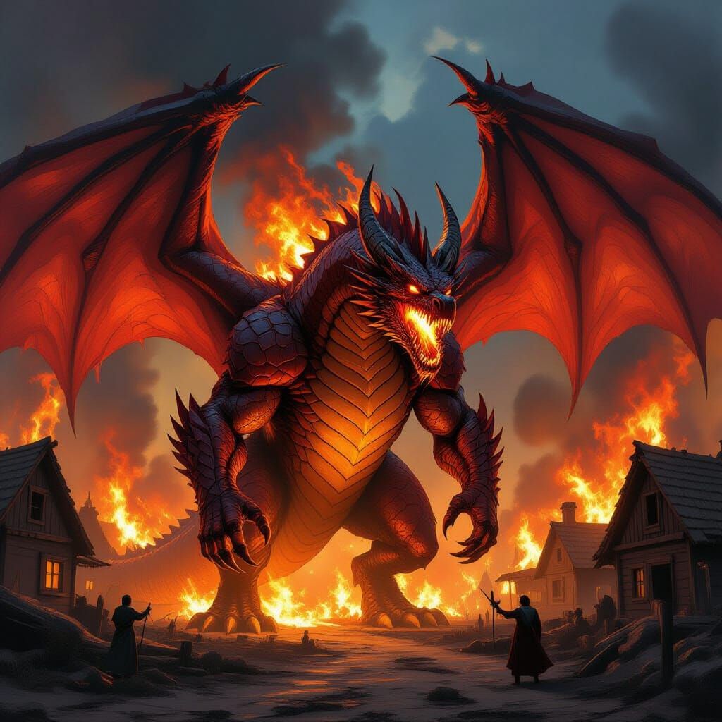 Wingless Dragon Devastating Village in Michelangelo Style