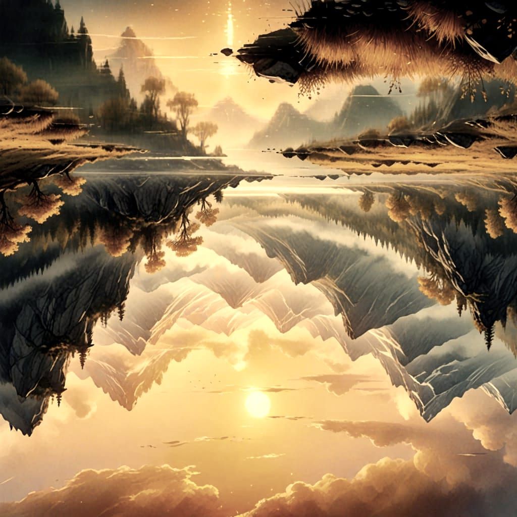 Mystical Creatures in Ethereal Golden Hour Landscape